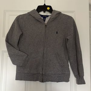 POLO BY RALPH LAUREN HOODIE SWEAT JACKET. M (10-12). Unisex. Gray w/blue. EUG